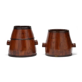 Two Chinese Pear Shaped Wooden Grain Baskets