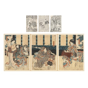 Utagawa Kunisada (Toyokuni III) (Japanese, 1786-1864), Four Woodblock Printed Works on Paper