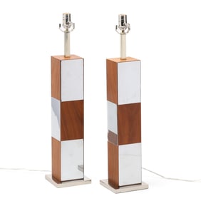 Manner of Paul Evans, Pair of Chrome and Wood Table Lamps