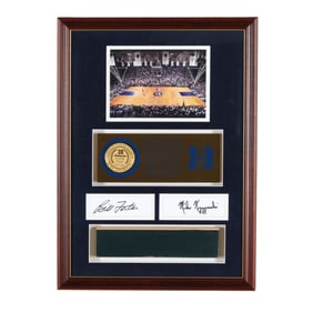 Framed Piece of Duke University Basketball Stadium Flooring with Photograph and Autographs