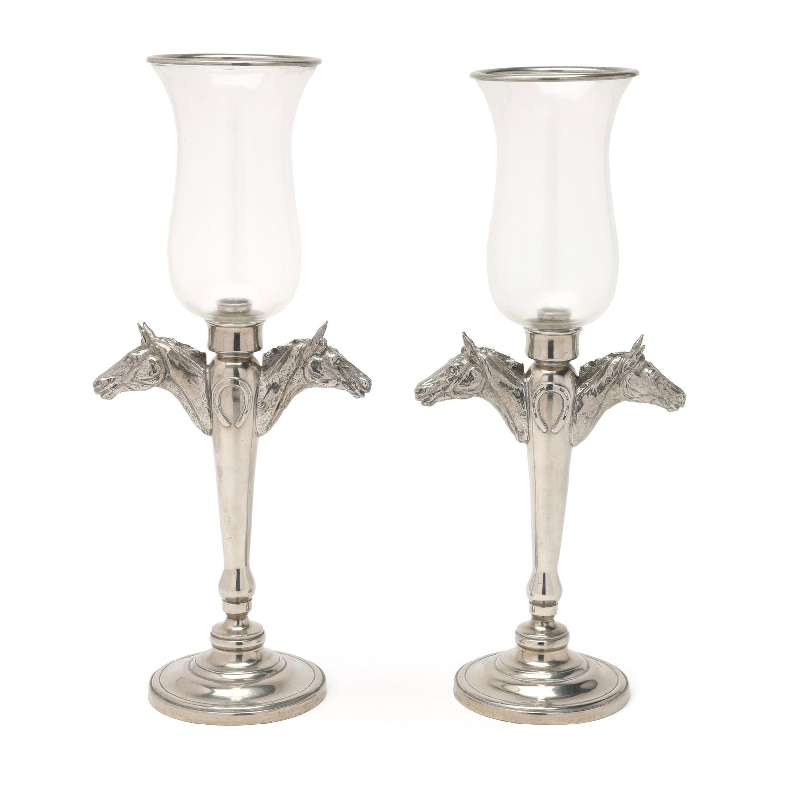Vagabond House, Pair of Pewter Horse Candlesticks with Hurricane Shades (1 of 7)