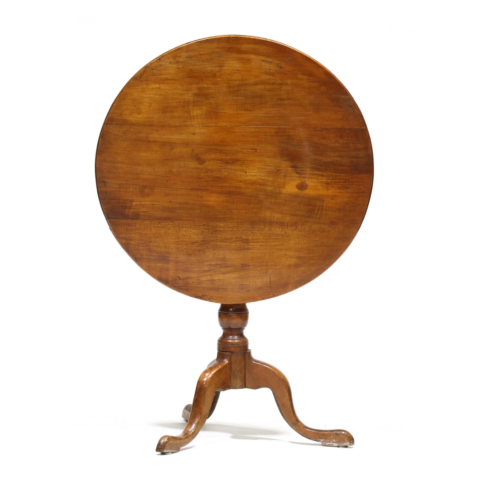New England Queen Anne Maple Tilt Top Tea Table: New England Queen Anne Maple Tilt Top Tea Tablecirca 1760, the circular top with batten and (oak) block support, urn turned standard, tripod base, raised snake foot. 29 x 30.25 x 29.5 in. From the Est