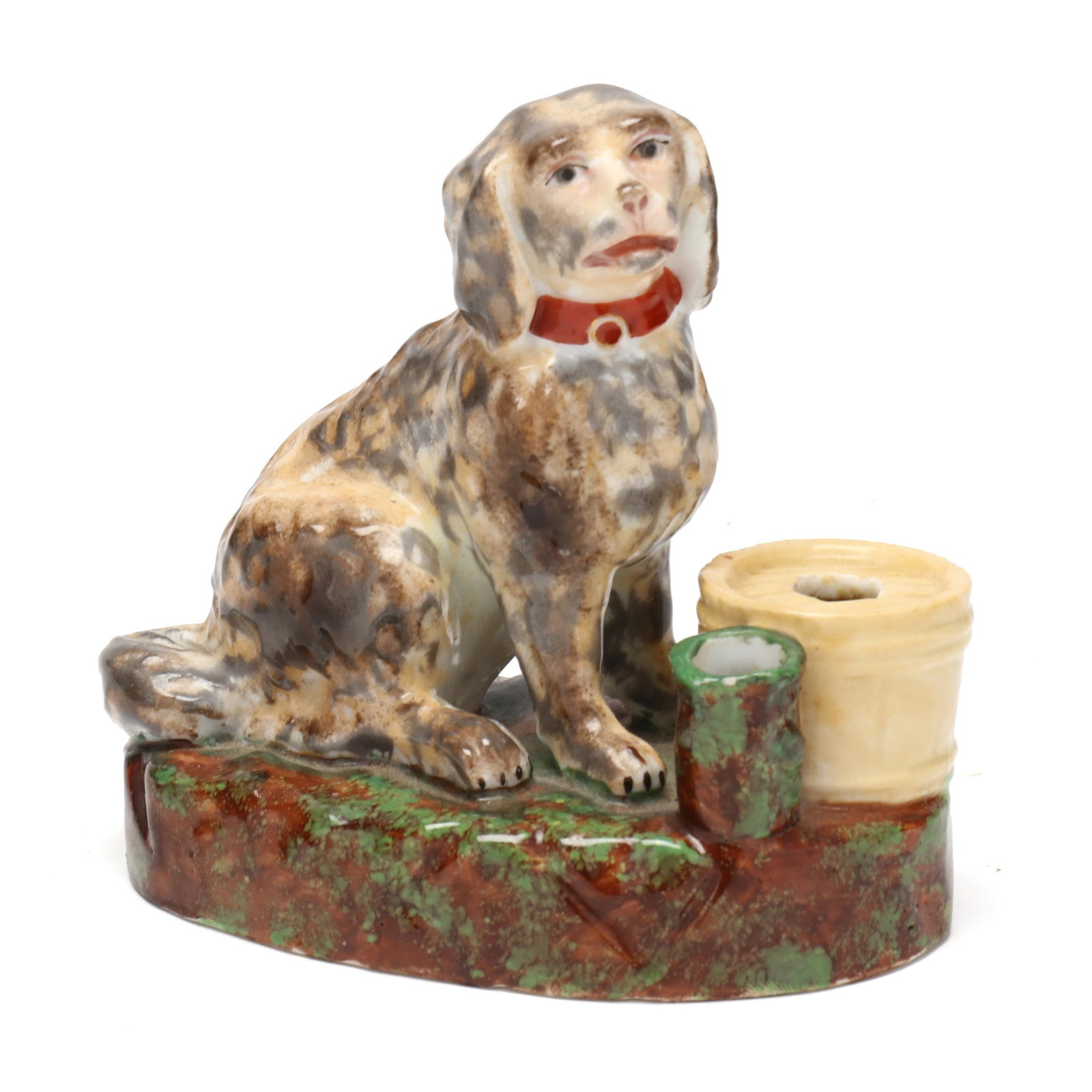 Staffordshire Inkwell with Spaniel and Barrel: Staffordshire Inkwell with Spaniel and BarrelEngland, second half 19th century, hand-painted pearlware with sponge application to base, consisting of a barrel form inkwell next to mound form pen stand
