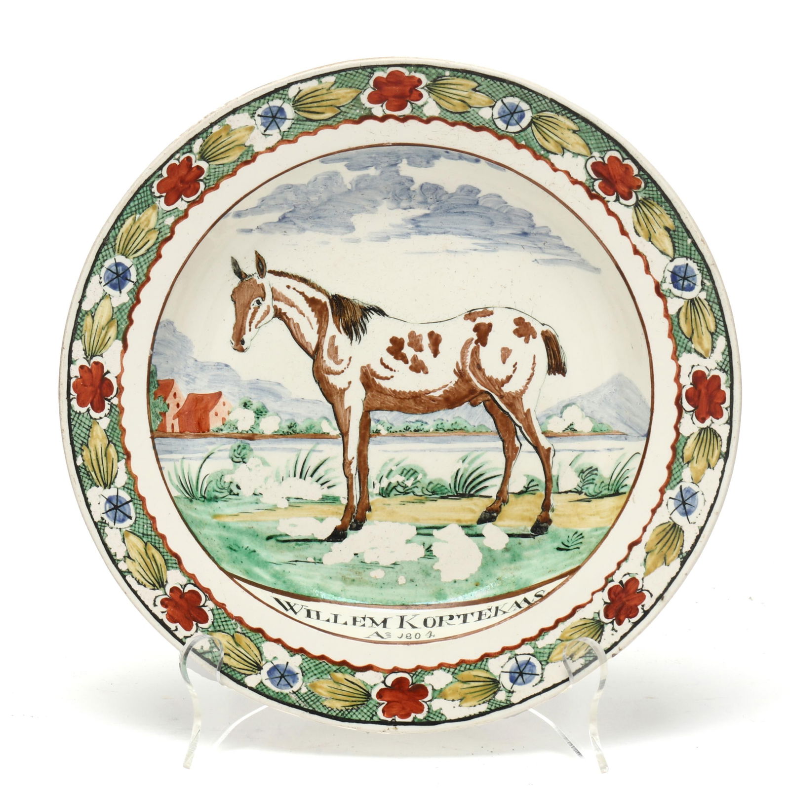 Antique English Hand-Painted Plate with Horse: Antique English Hand-Painted Plate with HorseStaffordshire, England, 1804, hand-painted bone china plate with floral pattern trim and horse among pastoral landscape, marked "Willem Kortekaas/A. 1804,"