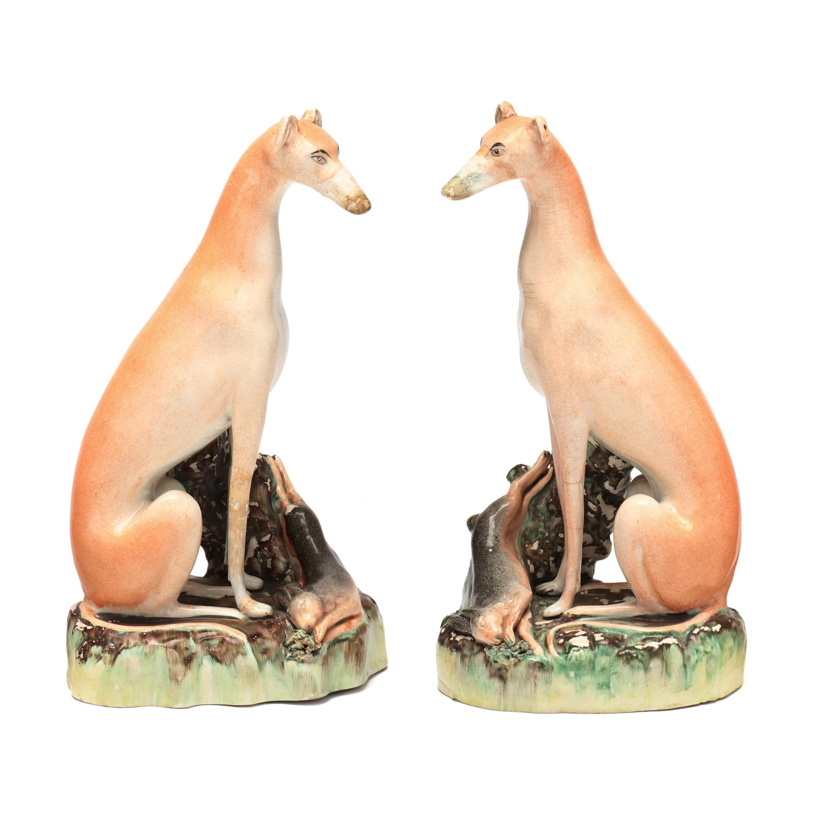 Pair of Staffordshire Seated Whippets with Game (1 of 9)