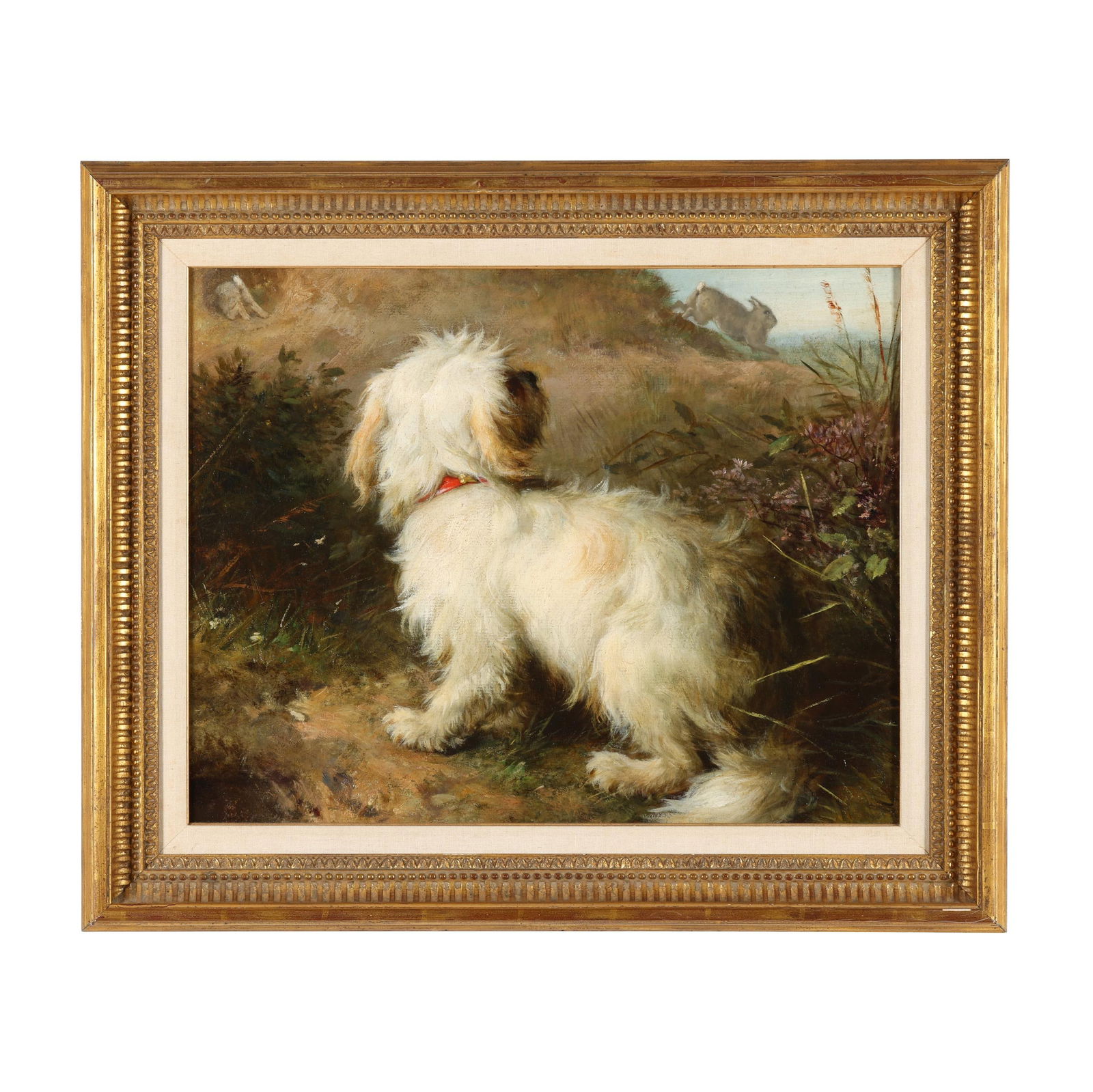 School of George Armfield (English, 1808-1893), Terrier by a Rabbit Hole: School of George Armfield (English, 1808-1893), Terrier by a Rabbit Holeoil on paper board, unsigned, presented in a giltwood frame. Panel 19 1/4 x 24 in.; Frame dimensions 25 1/4 x 30 1/4 in. From th
