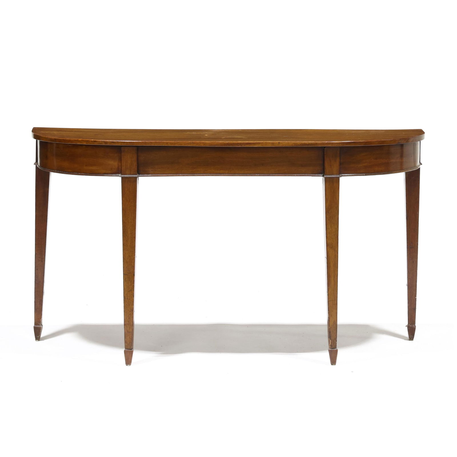 English Hepplewhite Mahogany Console Table: English Hepplewhite Mahogany Console Tablecirca 1800, fruit wood secondary, D-shaped top, conforming skirt with applied cock beaded trim on straight tapered legs with spade feet. 29 x 52.5 x 16 in. Fr