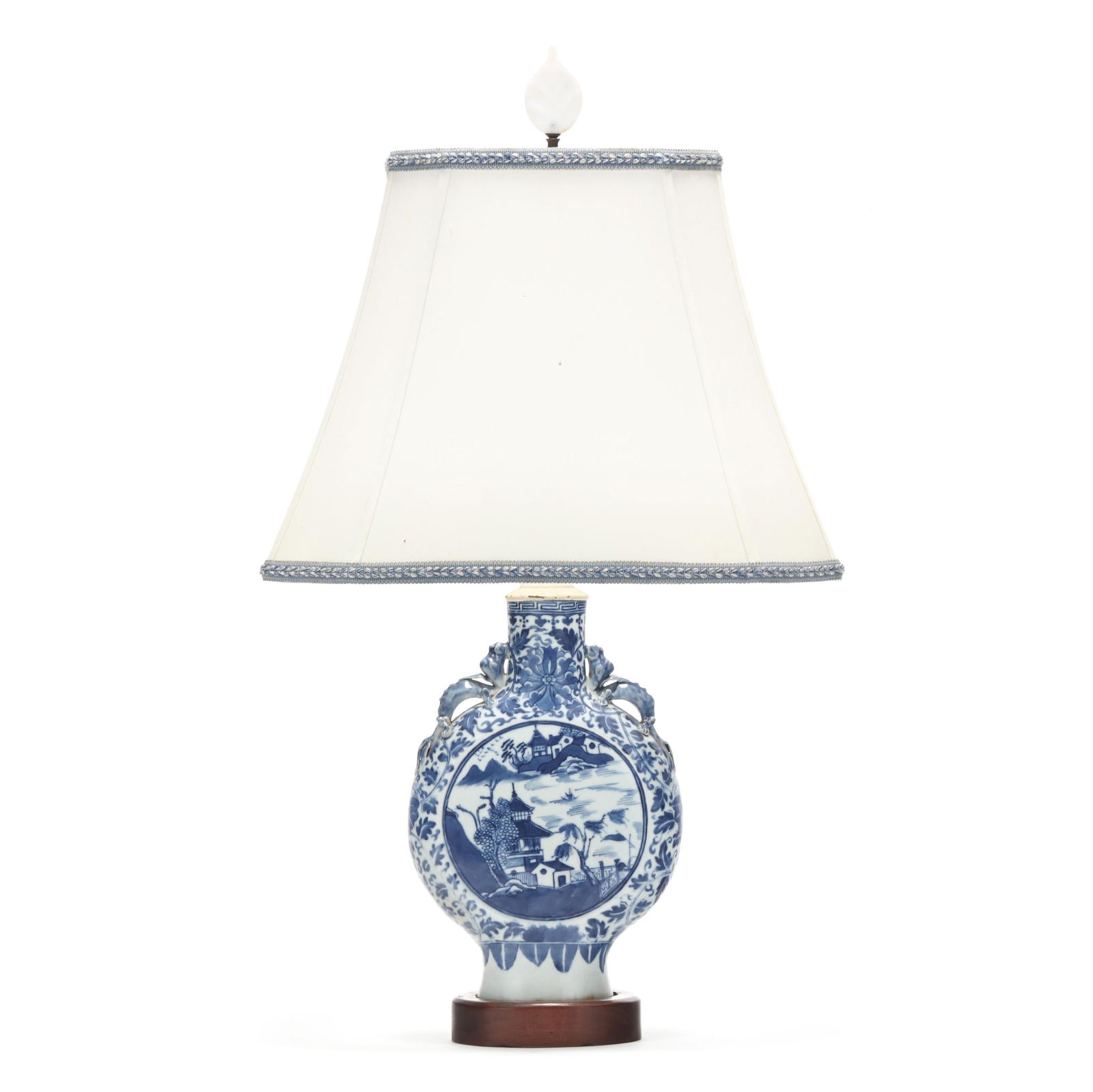 Chinese Moon Flask Lamp with Shade: Chinese Moon Flask Lamp with Shade19th century, porcelain flask with dual dragon form handles hand-painted in underglaze blue with a circular vignettes featuring Chinese seaside villages mirrored on b