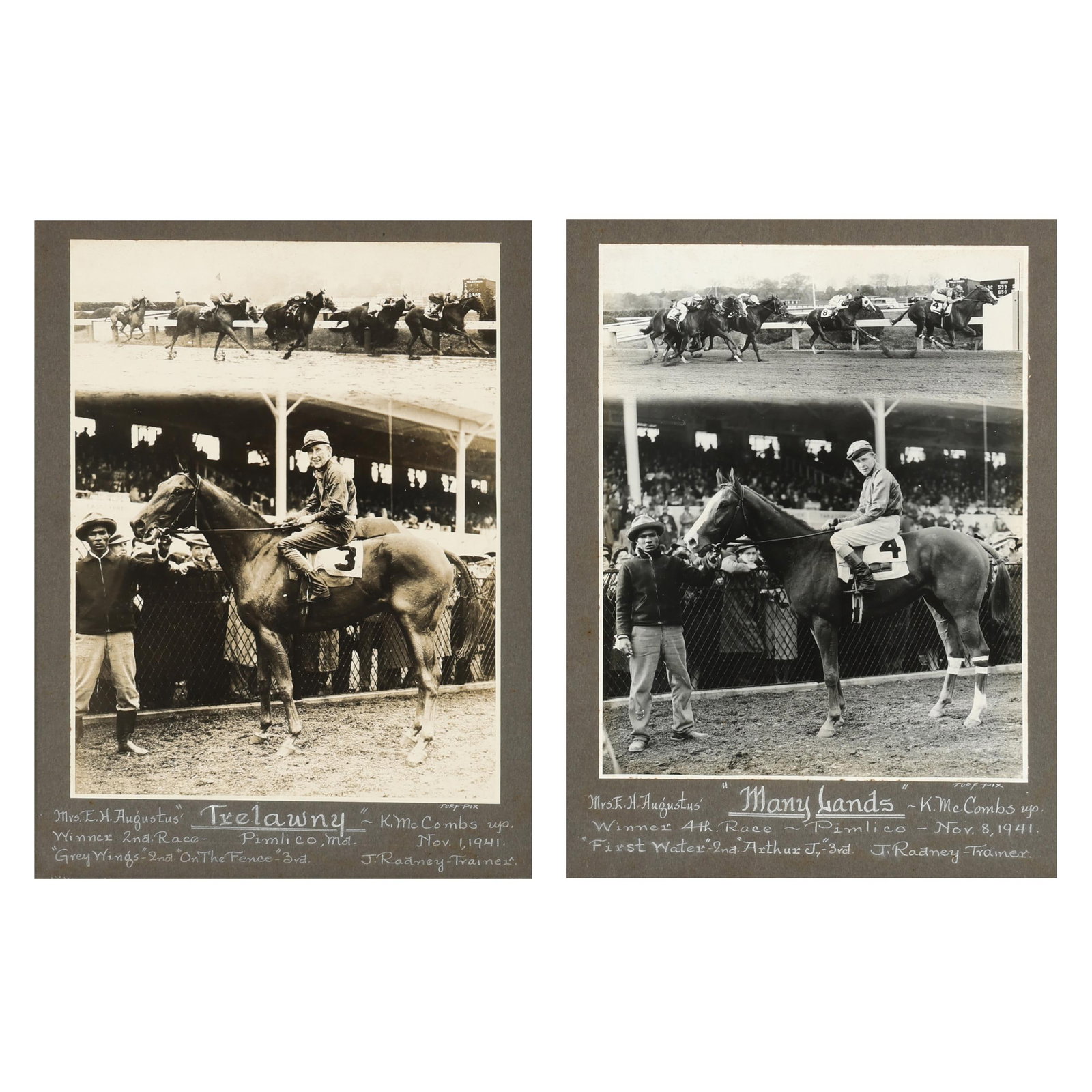 Two Vintage Racehorse Photographs, Manylands / Trelawny: Two Vintage Racehorse Photographs, Manylands / Trelawny each a black and white photograph, 1941, featuring "Manylands / Winner 4th Race / Pimlico"; and "Trelawny / Winner 2nd Race / Pimlico," mounted 
