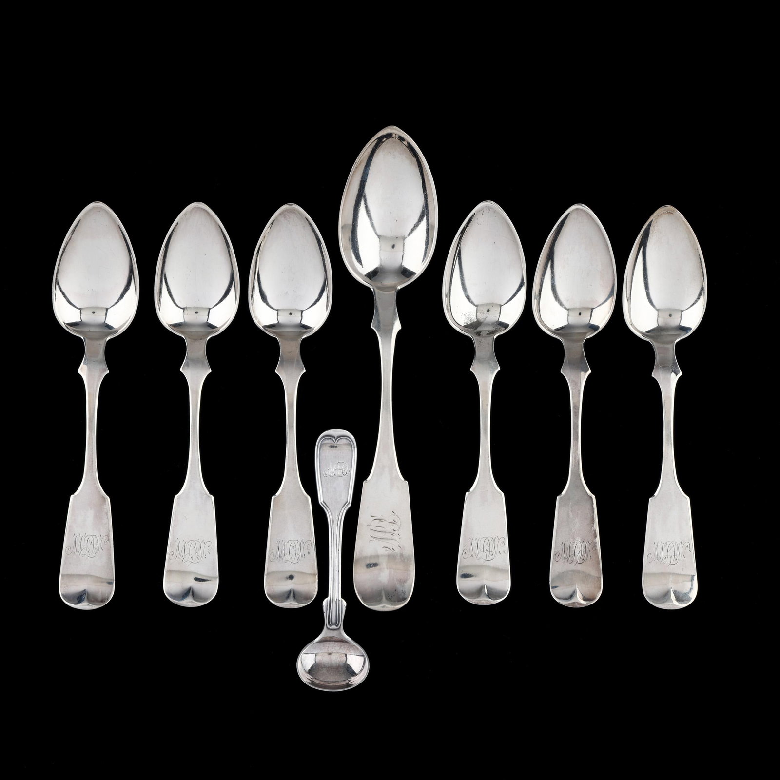 Eight Coin Silver Spoons, Mark of Robert & William Wilson: Eight Coin Silver Spoons, Mark of Robert & William WilsonPhiladelphia, circa 1825-1846, incudes a set of (6) featuring pointed fins and tipt ends, with period bright cut monograms; and an oval bowl sp