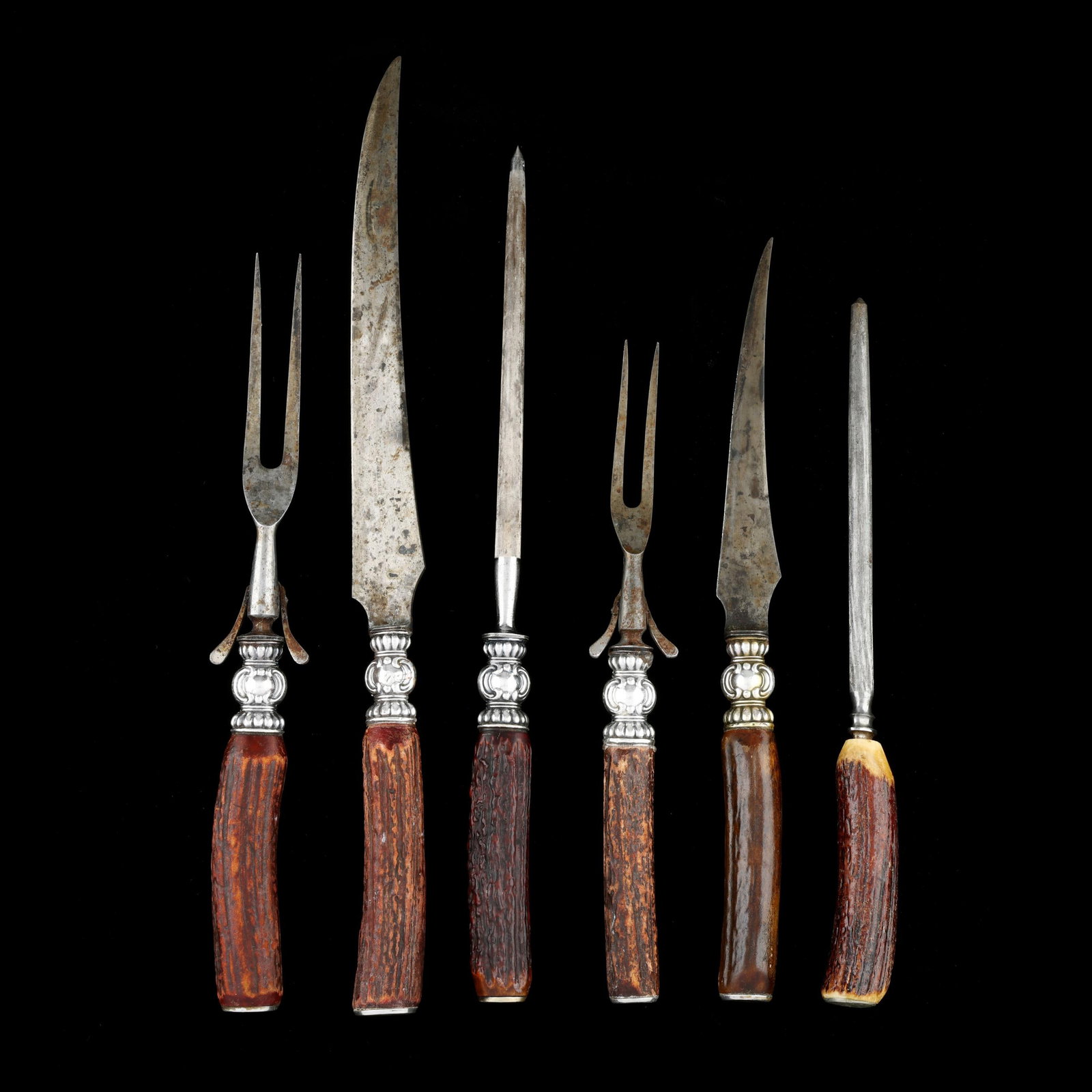 Six Stag Handled Carving Pieces, Most are Silver-Mounted (1 of 4)