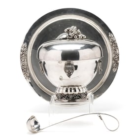 Mexican Sterling Silver Punchbowl, Ladle, and Underplate, by Codan