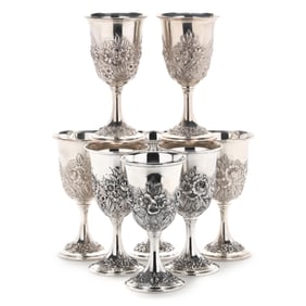 Set of Eight S. Kirk & Sons  Repousse  Sterling Silver Water Goblets