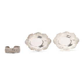 Pair of S. Kirk & Son Co. Repousse Sterling Silver Nut Dishes and a Bangle