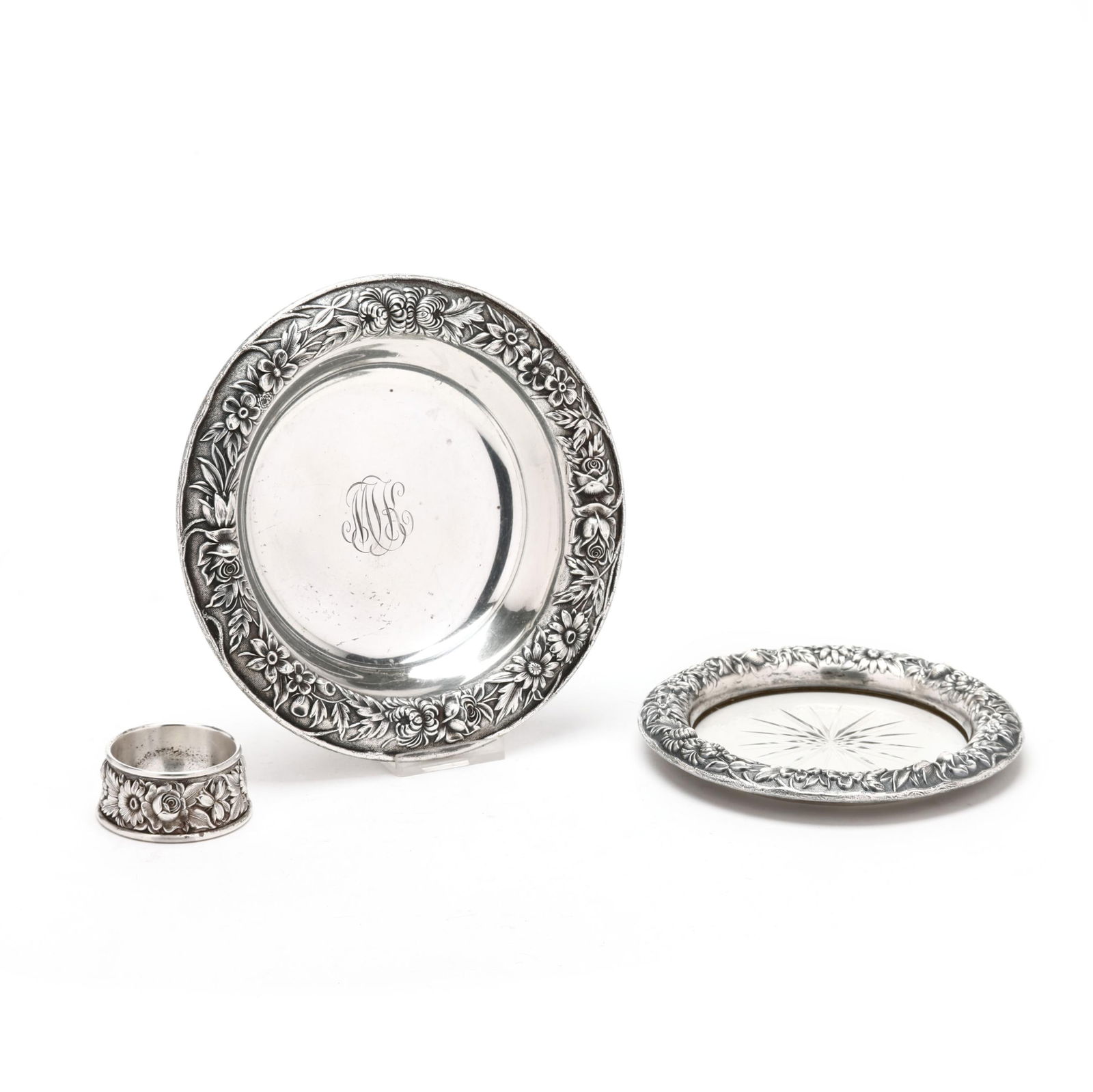 S. Kirk & Son Repousse Sterling Silver Tableware Group: S. Kirk & Son Repousse Sterling Silver Tableware Groupincludes a bon bon bowl, pattern number 409, with monogram and engraved "June 17th, 1941" to the underside (6 1/4 in. dia.); a wine coaster, patte