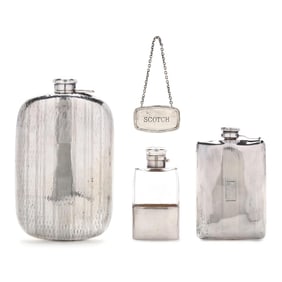 Three Sterling Silver Flask Bottles and a Liquor Tag