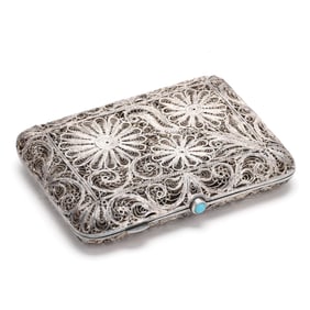 A Nickel-Silver Filigree Cigarette Case with Turquoise Mount