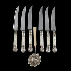 Set of Six Silver-Plated Mother of Pearl Steak Knives and a Sugar Sifter