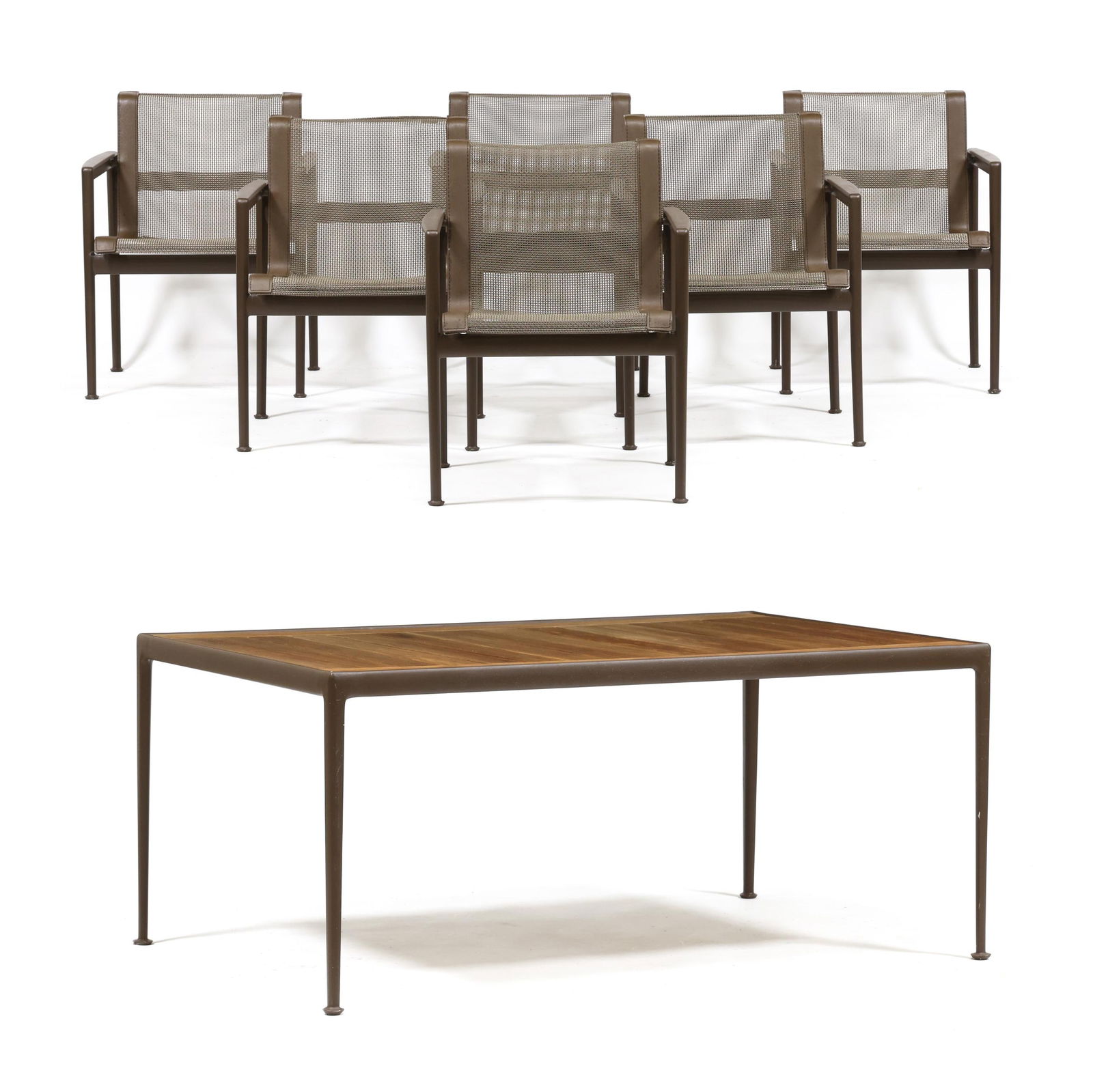 Richard Schultz (American, 1926-2021), 1966 Patio Table and Six Chairs: Richard Schultz (American, 1926-2021), 1966 Patio Table and Six Chairslate-20th-century production, brown powder coated aluminum frames including a rectangular table with slat teak top (26.5 x 38 x 60