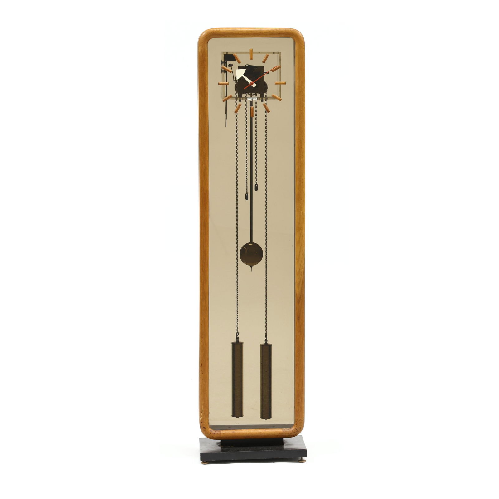 George Nelson (American, 1908-1986), Modernist Floor Clock: George Nelson (American, 1908-1986), Modernist Floor ClockHoward Miller, circa 1970, oak case, smoky acrylic face panel with exposed gears, pendulum and two weights, three strike chime, black painted