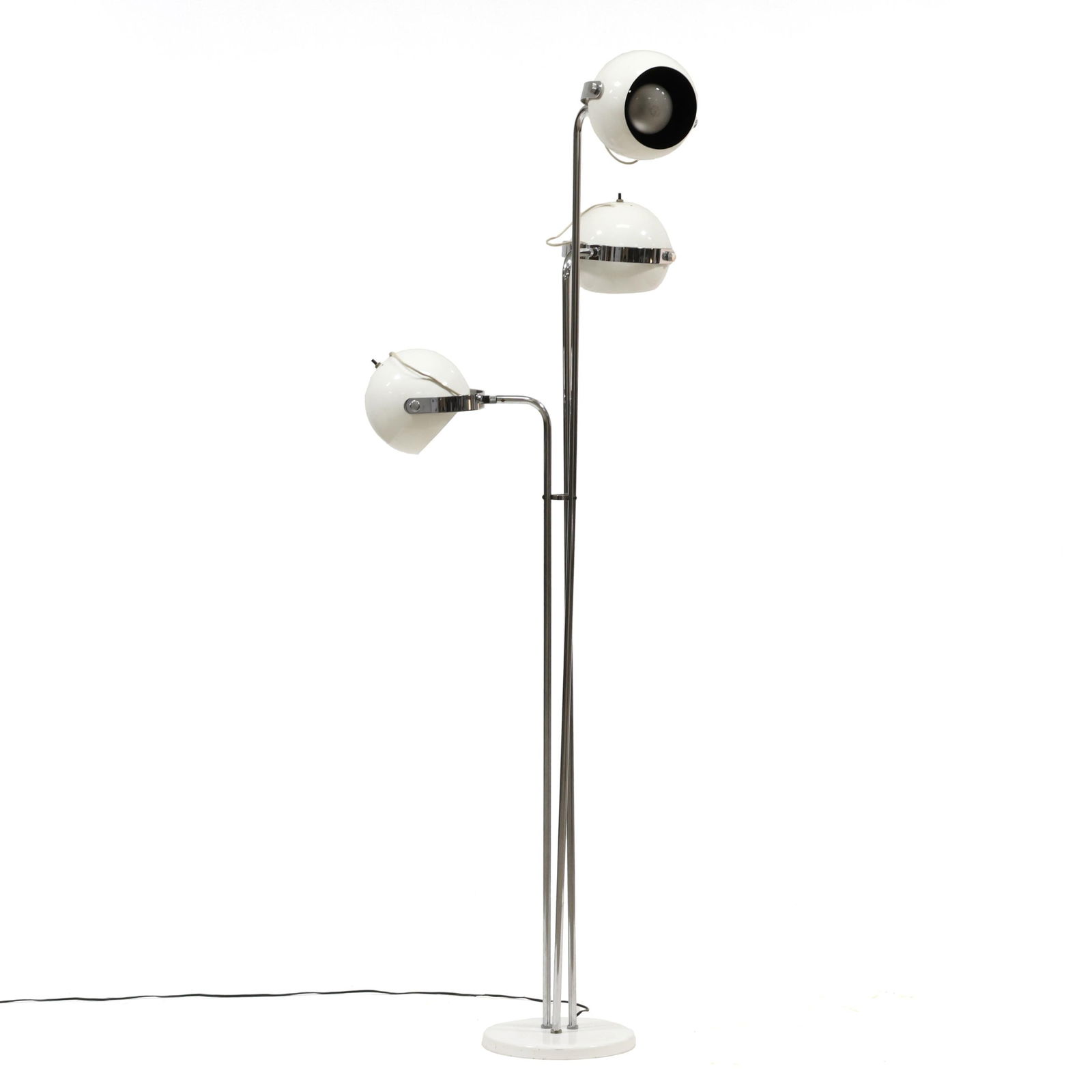 Robert Sonneman (American, b. 1943), Triple Eyeball Floor Lamp: Robert Sonneman (American, b. 1943), Triple Eyeball Floor Lampcirca 1970, white enameled metal "eyeball" adjustable shades, polished steel armatures, white enameled metal base, labeled. HOA 76 x 26 x