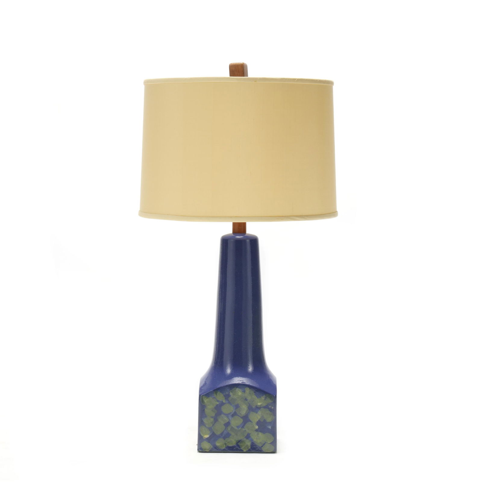 Gordon & Jane Martz, Tall Pottery Table Lamp: Gordon & Jane Martz, Tall Pottery Table Lampfor Marshall Studios, Veedersburg, Indiana, active 1952-1980s, tapering cone atop a cube base decorated with layered green patterns on a king's blue ground,