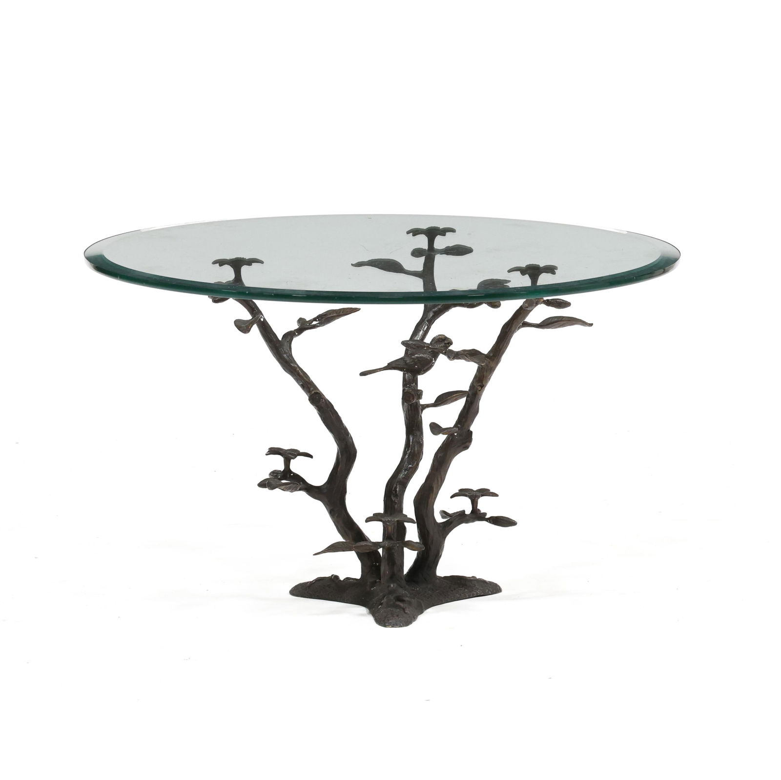 Attributed Willy Daro (Belgium, 1918-1990), Glass and Bronze Side Table: Attributed Willy Daro (Belgium, 1918-1990), Glass and Bronze Side Tablelate 20th century, round oval beveled glass top set on a patinated two-tone bronze base in the form of a tree with parrots, unmar