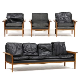 Knut Saeter (Norwegian, 1922-1989), Teak and Leather Sofa and Three Chairs