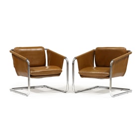 Thonet, Pair of Leather and Chrome Sling Chairs