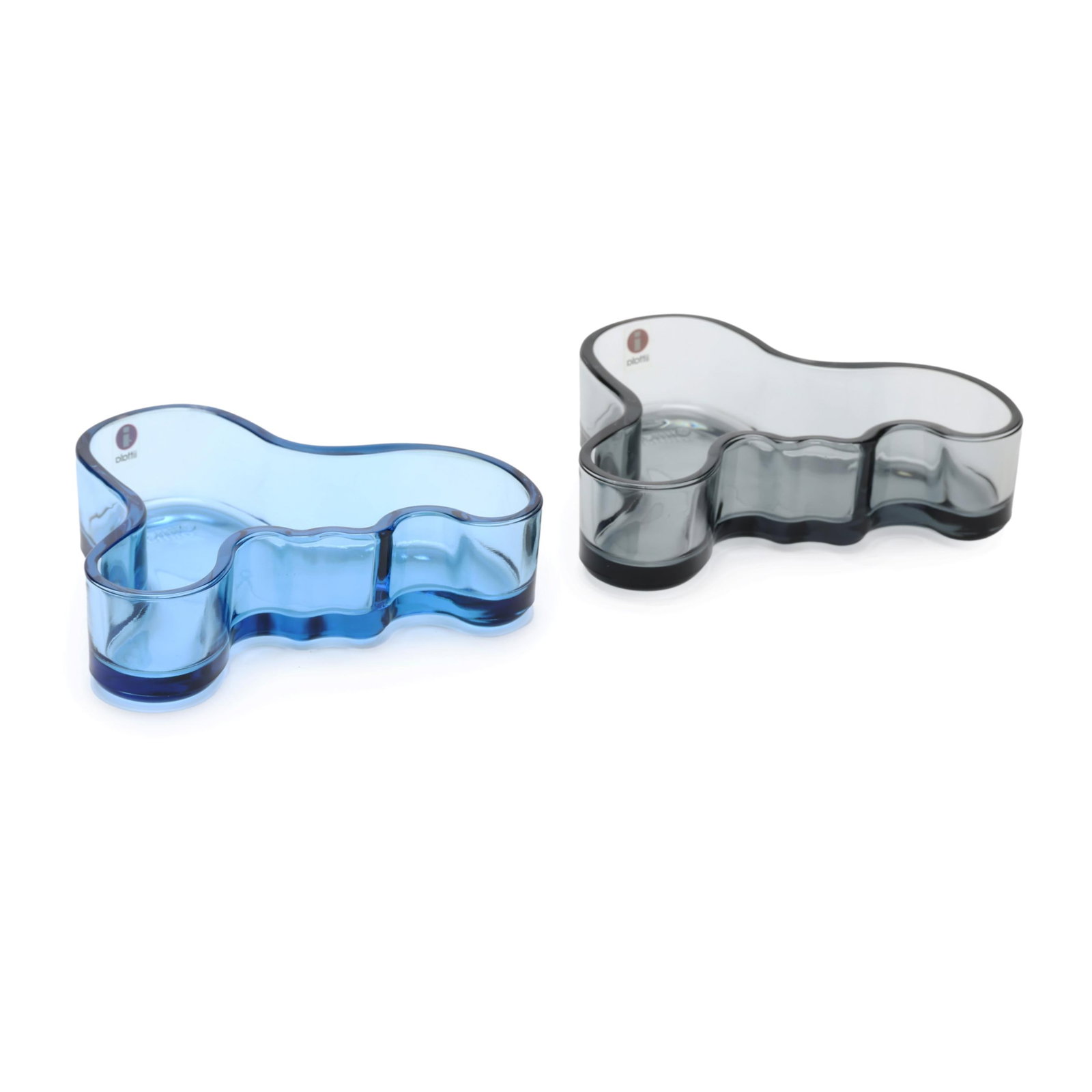 Alvar Aalto (Finnish, 1898-1976), Pair of Shallow Alto Glass Bowls: Alvar Aalto (Finnish, 1898-1976), Pair of Shallow Alto Glass Bowlscontemporary production for Iittala, in blue and smoky glass, labeled and with raised mark. 1.5 x 5.5 x 4.5 in. Additional high-resol