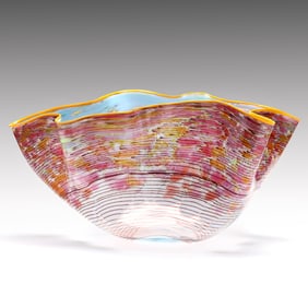 Dale Chihuly (American b. 1941), Pink and Blue Macchia with Yellow Lip Wrap