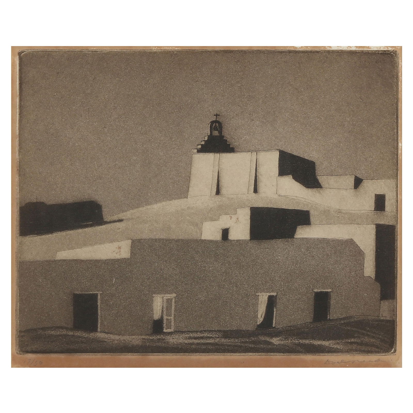 Doel Reed (American, 1894-1985), Mission: Doel Reed (American, 1894-1985), Mission etching and aquatint, pencil signed and numbered "17/50" to lower margin, matted and framed below glass. Image size 7 5/8 x 9 3/4 in.; Frame dimensions 19 x 20