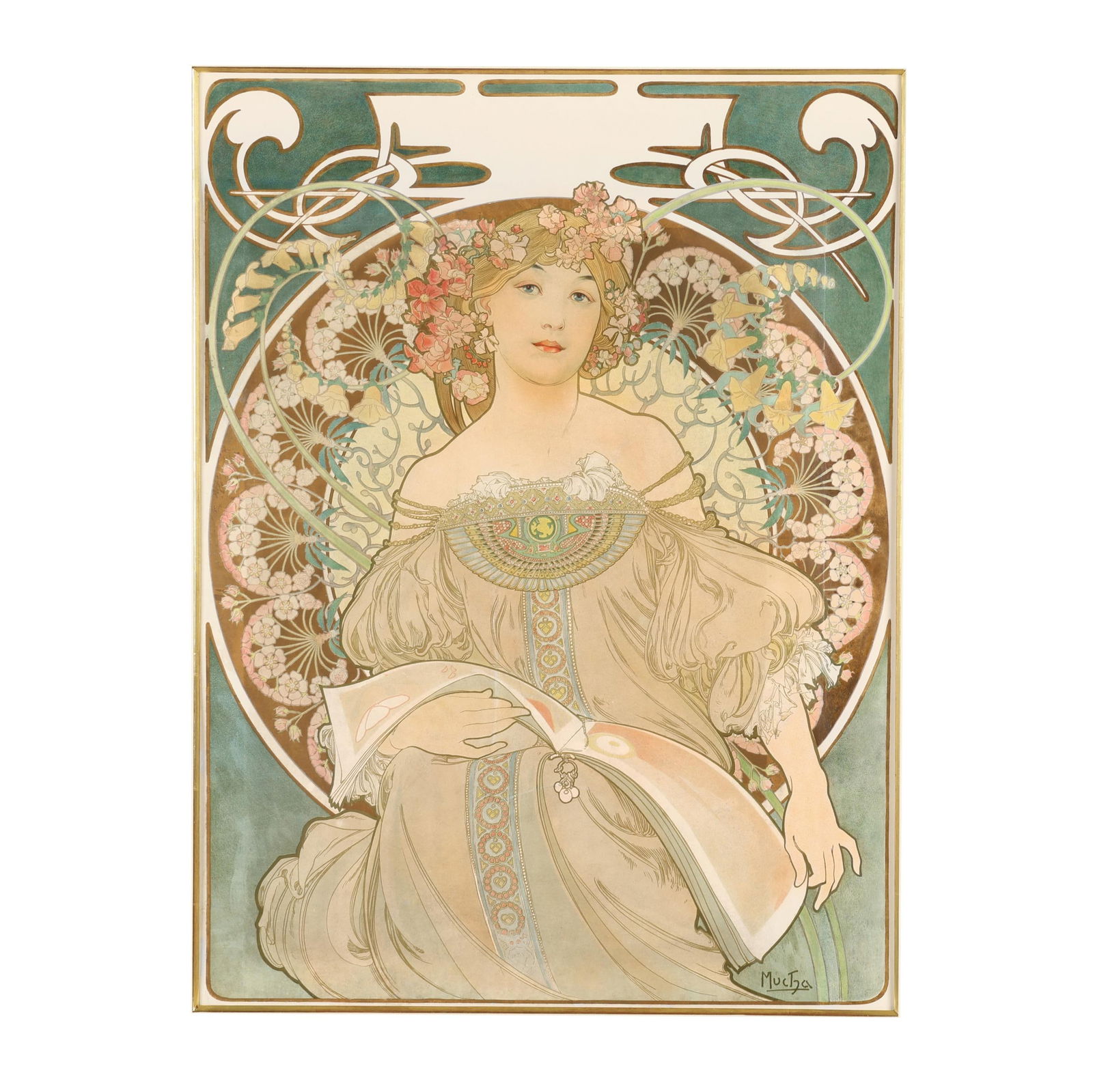Alphonse Mucha (Czech, 1860-1939), Rêverie: Alphonse Mucha (Czech, 1860-1939), Reverielithograph in colors, 1898, Imp. F. Champenois, Paris, matted and framed. Rennert/Weill 39. Image size 25 3/8 x 19 in.; Frame dimensions 34 3/4 x 28 1/8 in. O