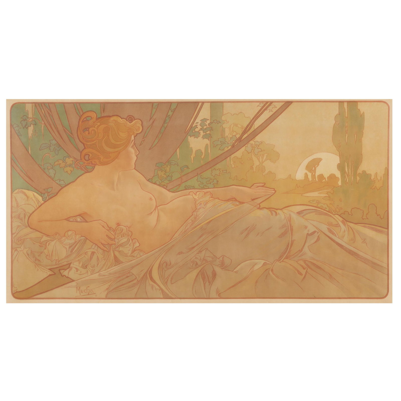 Alphonse Mucha (Czech, 1860-1939), Dawn: Alphonse Mucha (Czech, 1860-1939), Dawnlithograph in colors, 1899, Imp. F. Champenois, Paris, with printed signature and date at lower left, matted and framed. Rennert/Weill 70. Image size 18 1/4 x 35