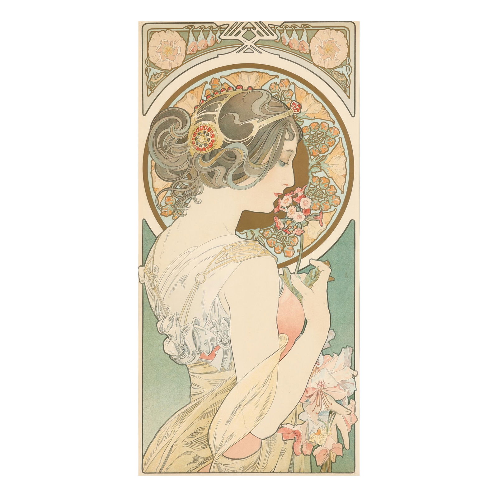 Alphonse Mucha (Czech, 1860-1939), La Primevere: Alphonse Mucha (Czech, 1860-1939), La Primeverelithograph in colors, 1899, Imp. F. Champenois, Paris, matted and framed. Rennert/Weill 64. Image size 23 x 11 1/8 in.; Frame dimensions 31 1/4 x 19 1/4