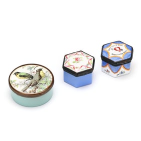 Three Bilston & Battersea Enamel Pill Boxes