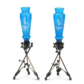 Pair of Aesthetic Period Glass and Silverplate Candlesticks