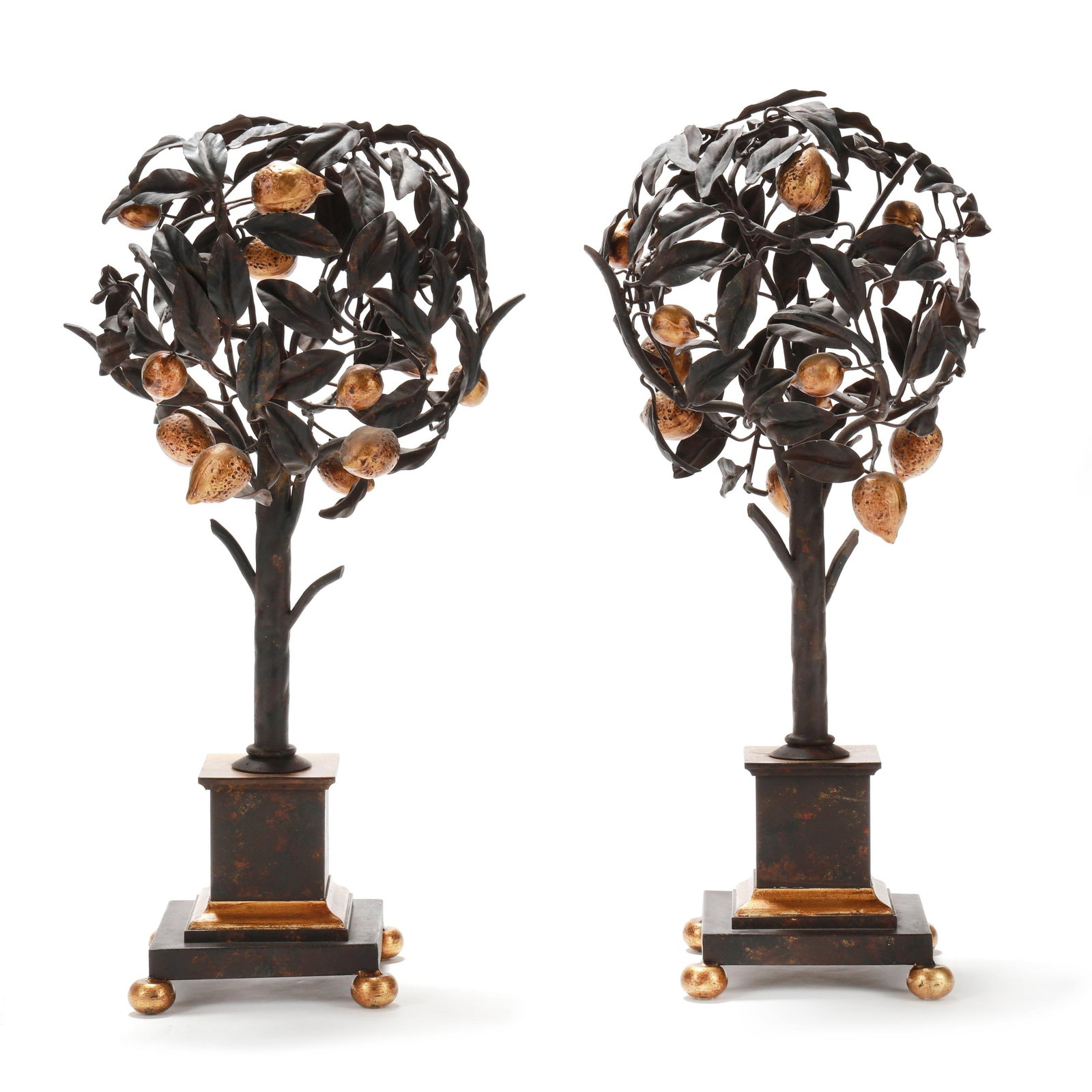 Pair of Italian Gilt and Mixed Metal Lemon Topiaries: Pair of Italian Gilt and Mixed Metal Lemon Topiaries late 20th century, patinated and gilt mixed metal, both trees mounted to pedestal on four suppressed ball feet, unmarked. 29 1/2 x 14 x 14 in. Addi