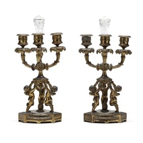 Pair of Antique Pairpoint Ormolu and Glass Candelabras