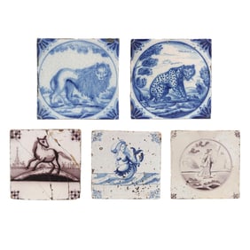 Five Antique Dutch Delft Pottery Tiles