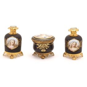 Three Piece Grand Tour Porcelain and Gilt Metal Dresser Set