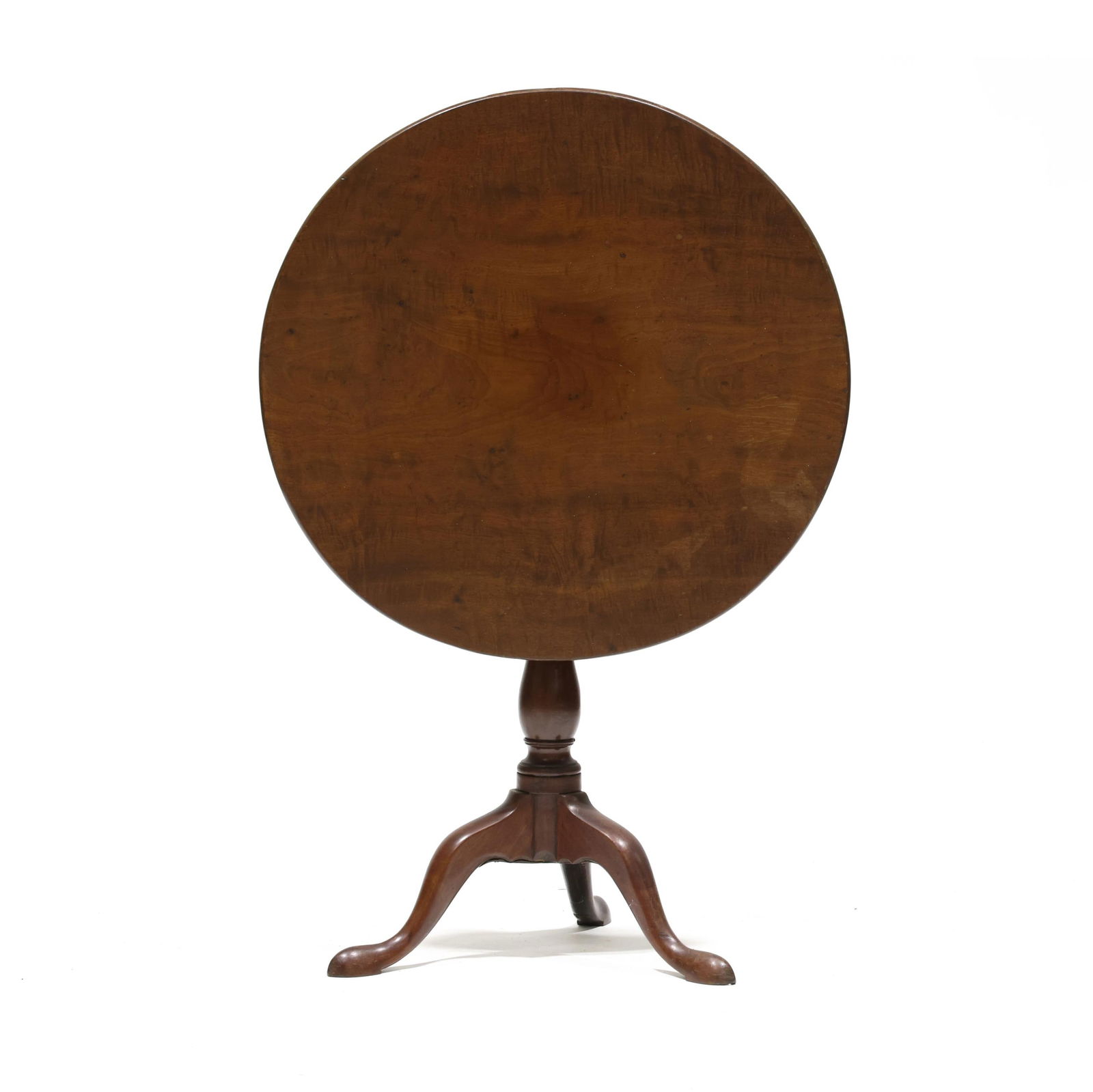 George II Mahogany Tilt Top Tea Table: George II Mahogany Tilt Top Tea Tablelate 18th century, circular one board top with dovetailed block and batten support, baluster turned standard, tripod base with cabriole legs, snake feet. 29 x 29.5