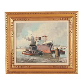 Ardri Verveen (Dutch, 1912-1988), Cargo Ship and Barge in Harbor