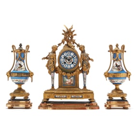 Sevres Style Porcelain and Gilt Metal Three-Piece Clock Garniture, retailed by J. E. Caldwell