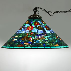 American Leaded Glass Hanging Shade, Fish and Flowering Branch