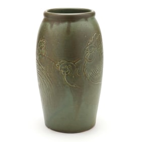Arts and Crafts Pottery Vase with Roosters