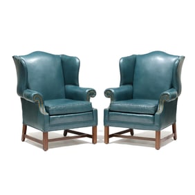 North Hickory, Pair of Chippendale Style Leather Upholstered Easy Chairs