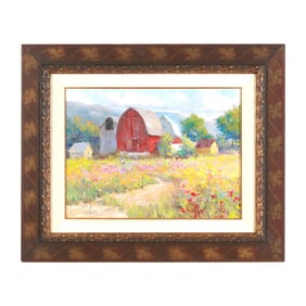 Eric K. Wallis (American, b. 1968), Three Barns and Flowers
