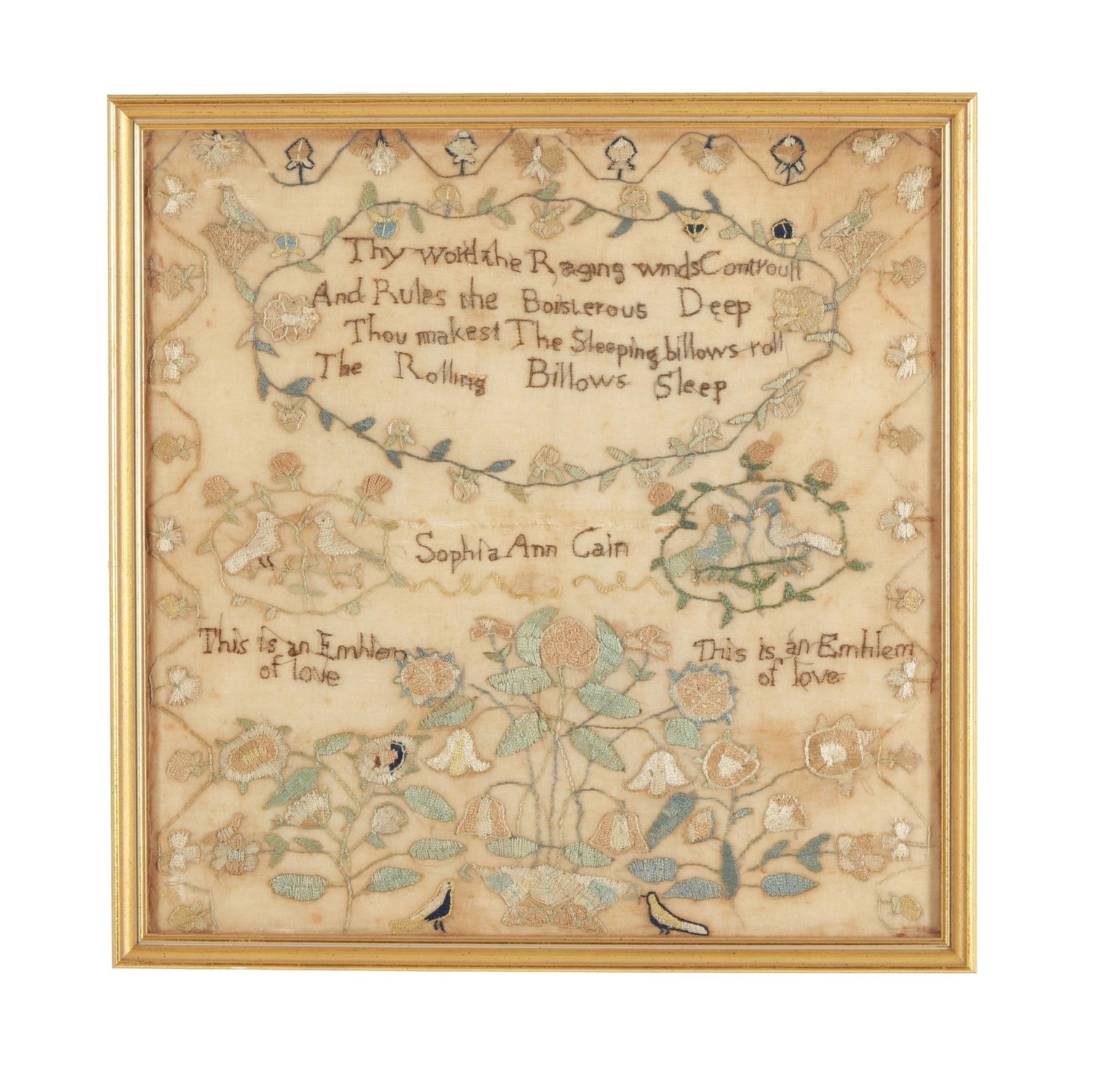 Folk Art Embroidery, Signed Sophia Ann Cain: Folk Art Embroidery, Signed Sophia Ann Caincolored threads on fine cotton, borrowing elements from Quaker schoolgirl samplers such as a pious verse, circlets of flowers and birds, a vining border, wit