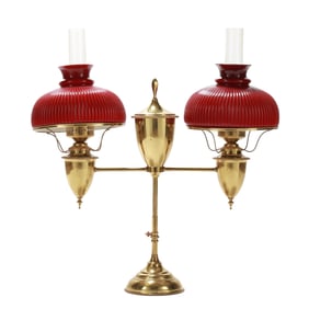 Vintage Brass Double Student Lamp with Ruby Glass Shades